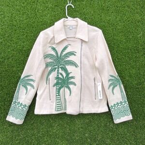 NEW Chicos Palm Tree Embroidered Beige Knitted Cardigan Jacket Size 1 (M US) NWT